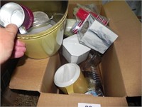 Box Lot of Pitcher, Cups, Measuring Cup, Kleenex