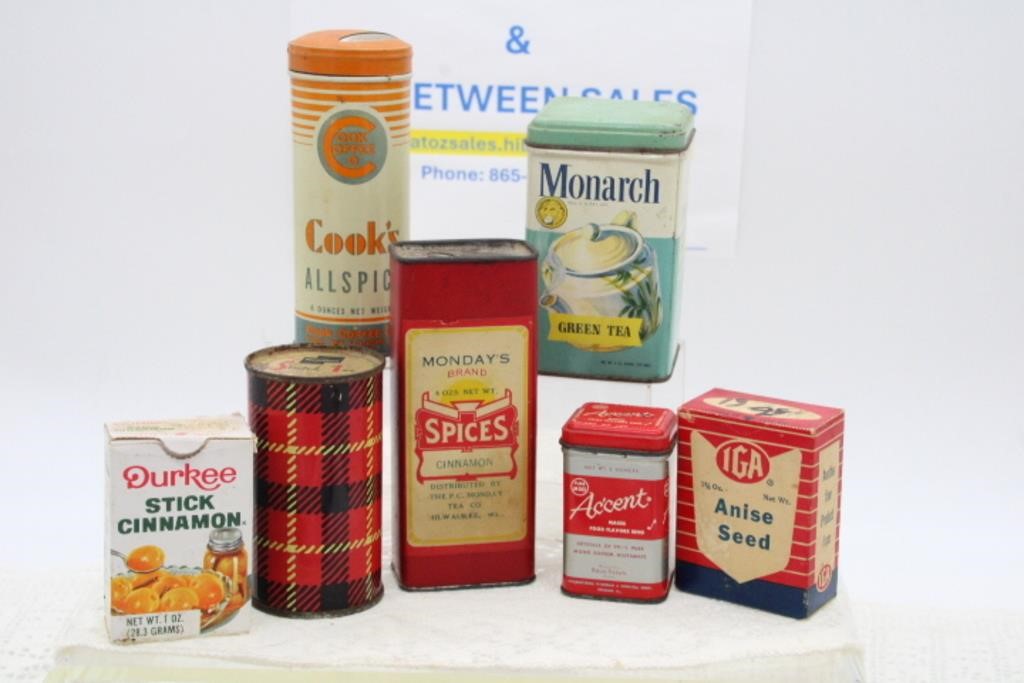 (5) TINS & (2) BOXES: IGA, MONARCH, COOK COFFEE, E