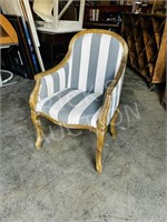 wood frame, grey & white stripe arm chair
