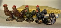 Vintage 1970s Folk Art Pottery Rooster Figurines