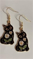 Black cat earrings with daisies 2 inches long.