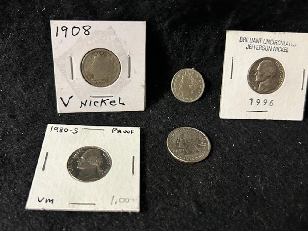2 V nickels, Jefferson and Quarter