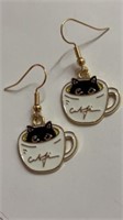 CATFE earrings black cat in coffee cup 1.5 inches