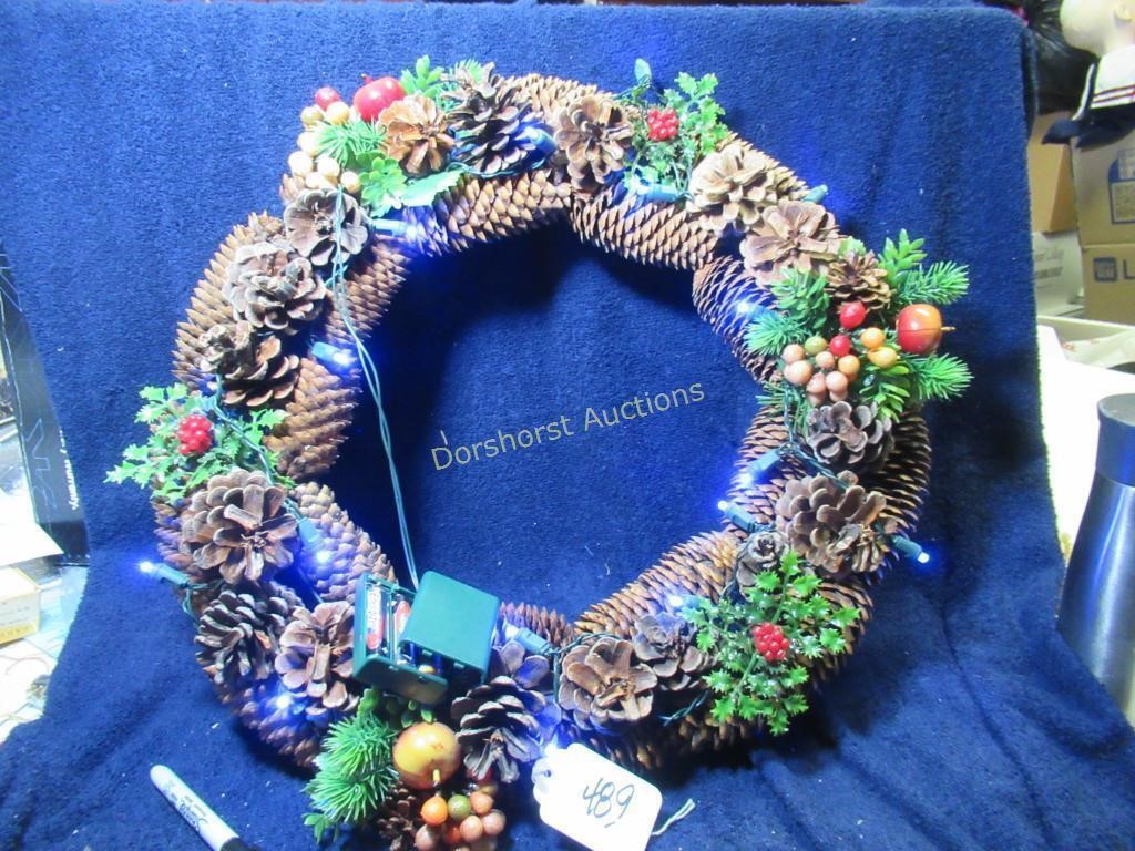 VINTAGE BATTERY PINE CONE WREATH W/ HOLLY & FRUIT