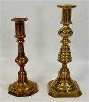 TWO NICE ANTIQUE BRASS CANDLE STICKS - SMALL