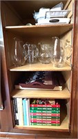 COOKBOOKS,TRAY,4 GLASS PITCHERS,ETC