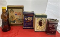 4 Advertising Tins & Syrup Bottle