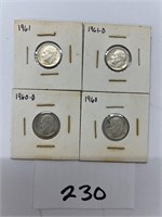 4 Roosevelt silver dimes 1960 1960D 1961 1961D