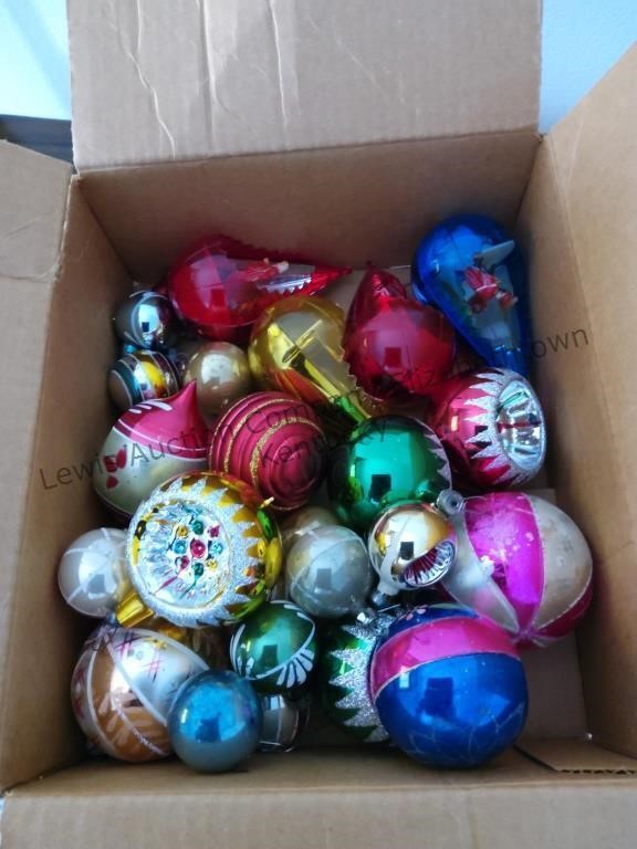 Box of old vintage Christmas ornaments