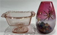 Indiana Glass Pink Ribbon Footed Dish & Marbles