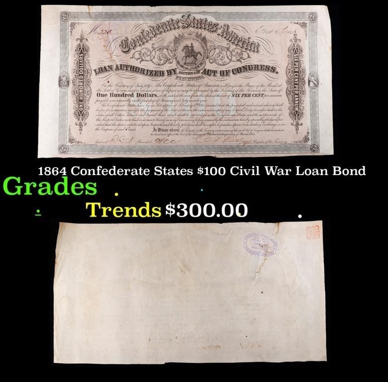 1864 Confederate States $100 Civil War Loan Bond G