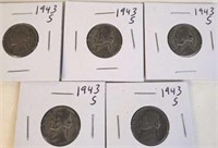 5 - 1943 S Jefferson Silver War Nickels