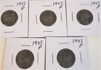5 - 1945 P Jefferson Silver War Nickels