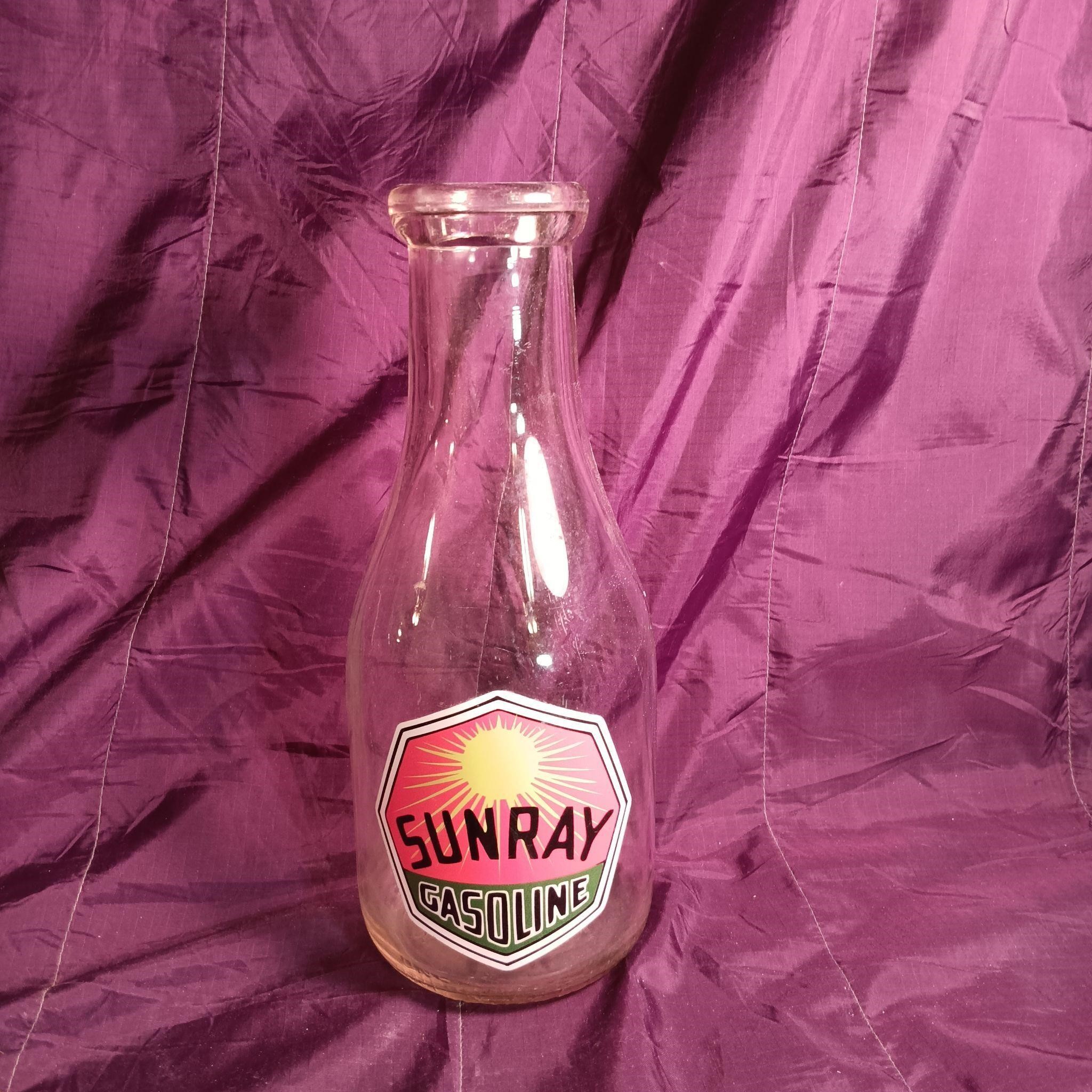 Sunray Gasoline sticker on Glass Milk bottle