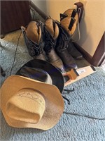 2 COWBOY HATS, 2 PRS COWBOY BOOTS, 2 BOOT JACKS