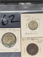 3 VARIOUS U.S. PHILLIPINE COINS 1925-1944