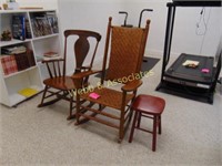 Two wood rockers and small stool