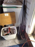 Light bulbs, cleaning tools, wood tray table