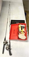 2 fishing poles, and fishing tackle