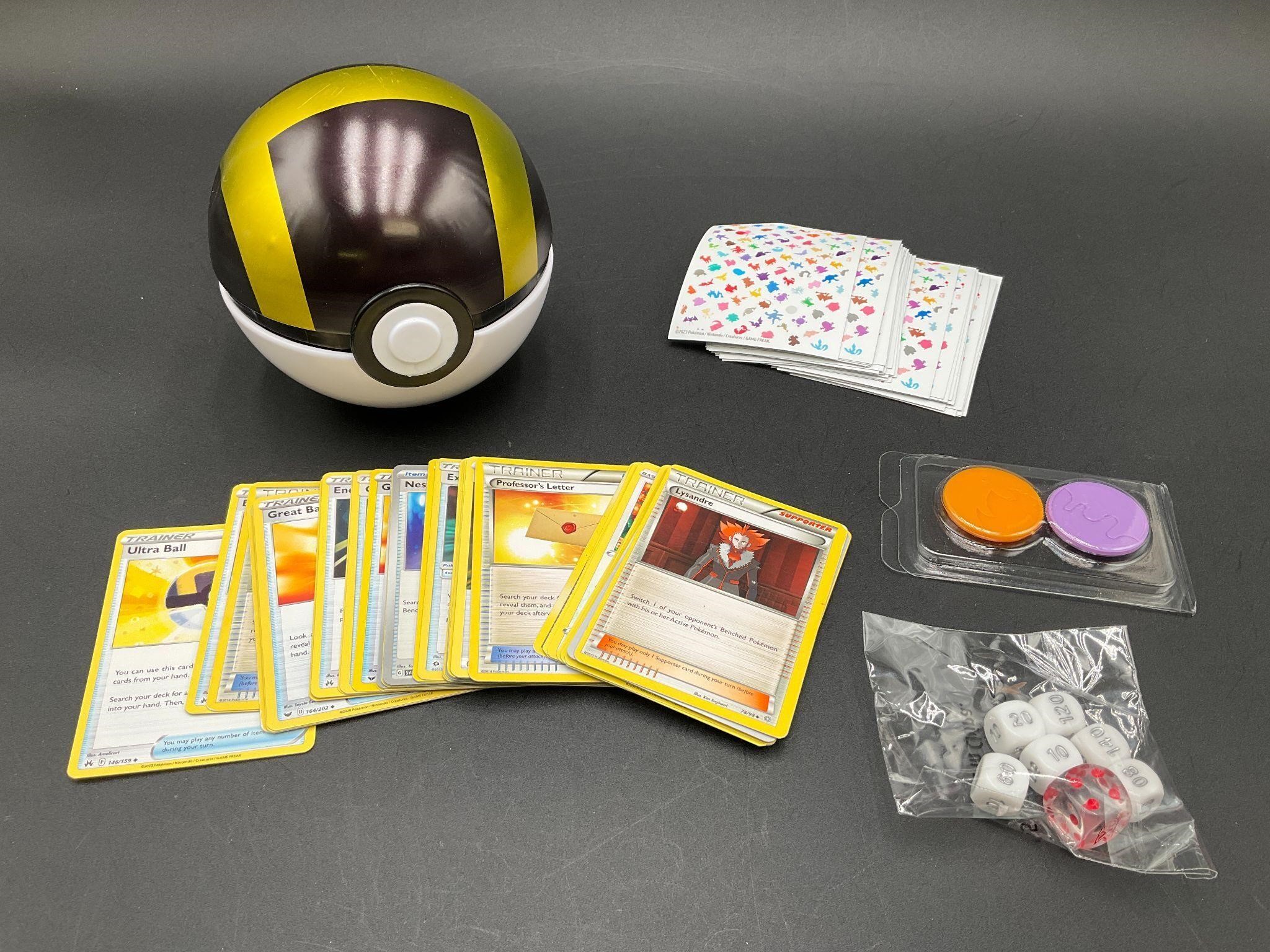 Pokemon Pokeball Tin With Cards Coins Dice Etc