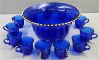 Blue Pattern Glass Punchbowl; Cups & Lot