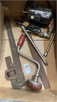 Tray lot hand drill, pipe wrench and other