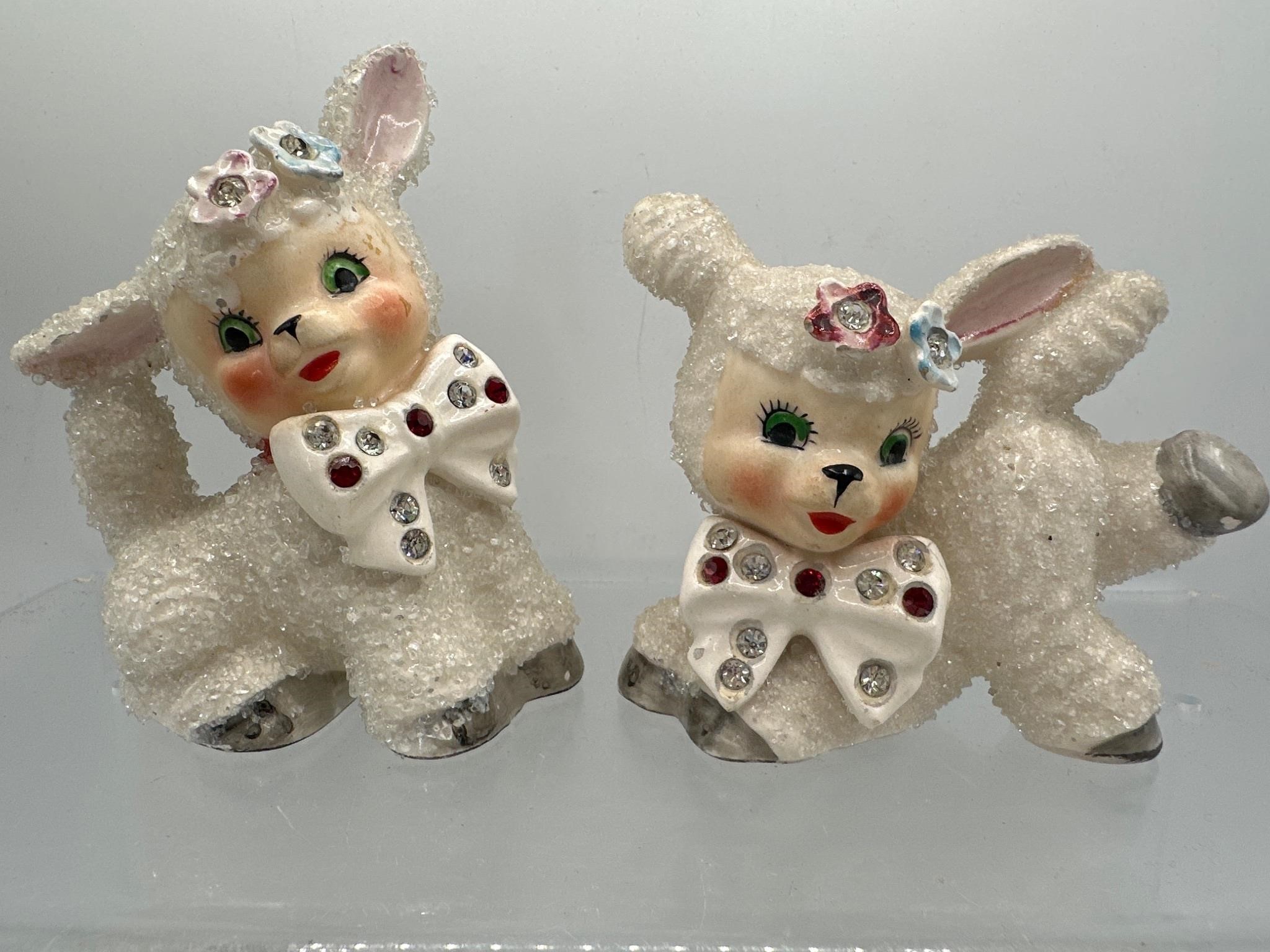 Vintage kitschy rhinestone Lamb figurines