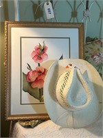Original watercolor iris and straw cowboy hat