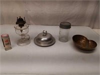Finger Oil Lamp, Jar, Brass Covered Dish Lot