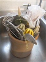 Crock w/ kitchen utensils