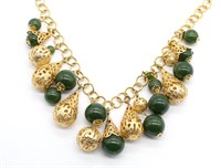 Pierced Gold Tone & Green Bead Necklace