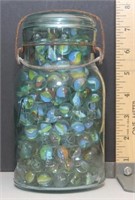 Blue glass lid Atlas Qt. jar w/ cat's eye marbles