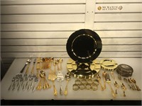 Metal gold colored flatware, plates & more