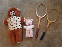 2 Old bear stuffed animals, two vintage tennis