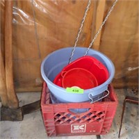 MILK CRATE, BUCKET, FUNNELS, STAKES