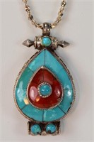 Handcrafted Coral & Turquoise Pendant & 925 Chain