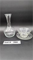 VINTAGE ETCHED GLASS CARAFE, BOWL AND PLATE