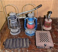 Vintage lot: 2 lanterns, torch, fry cutter, etc.;