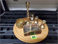 Brass collectibles, candlesticks, trinket box,