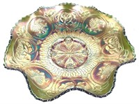 Dragon & Lotus Emerald Green Carnival Glass Bowl