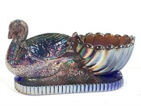 Blue & Amethyst Carnival Glass Swan Salt Dip