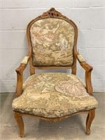 Vintage Carved Wood Upholstered Arm Chair