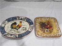 2 Ceramic Rooster Platters Left 16" W