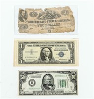 Coin 1862 Confederate $2 - 1928 $50 - 1957 $1 Cert