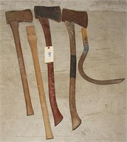 3 axes (1 with taped handle) and 1 axe handle