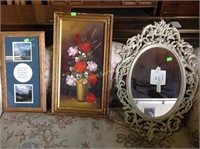Ornate Wood framed mirror, floral painting on