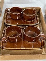 Set of 4 Brown Glazed Snack Trays & Cups