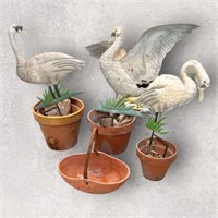 3 Metal Swans Lawn Ornaments, Clay Pots, Basket