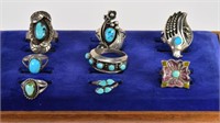 Eight Indian Silver Assorted Turquoise Rings