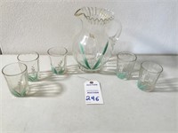 Pitcher( top has been glue) & 5 Glasses (2 w/
